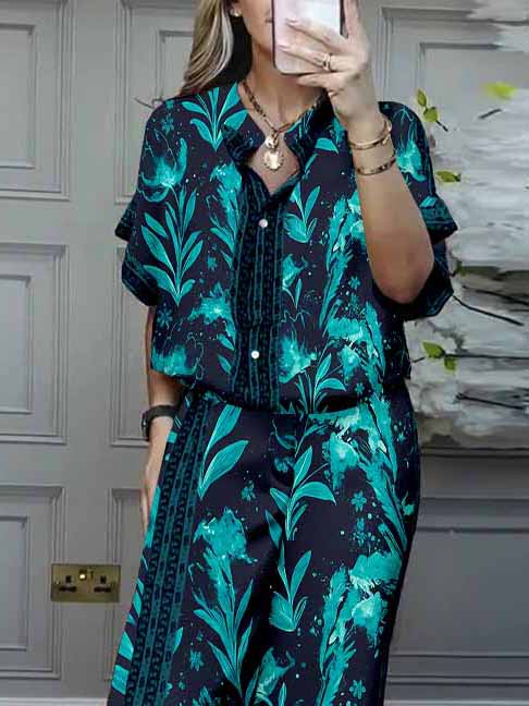 Women Plant, Fluorescent Green, Blue DZDL1125 V-neck Short Sleeve Blouse and Pants Set