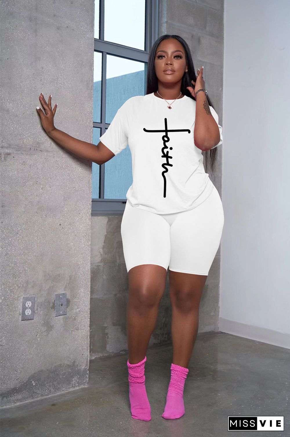 Letter Short Sleeve T Shirts and Shorts 2 Piece Outfits