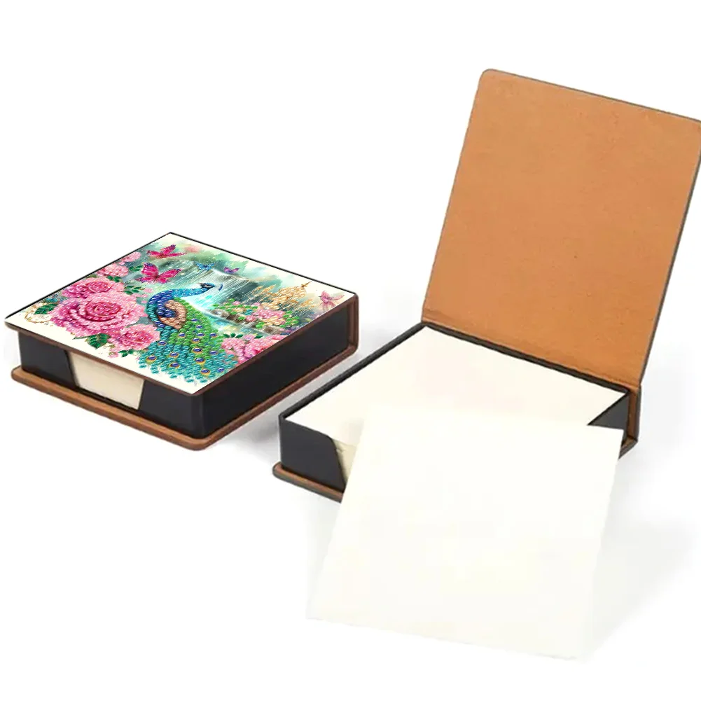 DIY Flower Peacock Leather Diamond Art Note Box with 160 Sheets of Paper for Beginners
