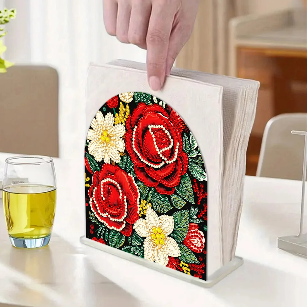 5D DIY Christmas Red Roses Acrylic Diamond Art Painting Napkin Holder Set