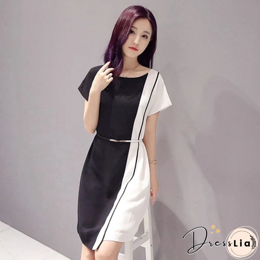 Summer Women Fashion Chiffon Casual Mini Dress Black White Short Sleeve O-Neck Tshirt Dresses