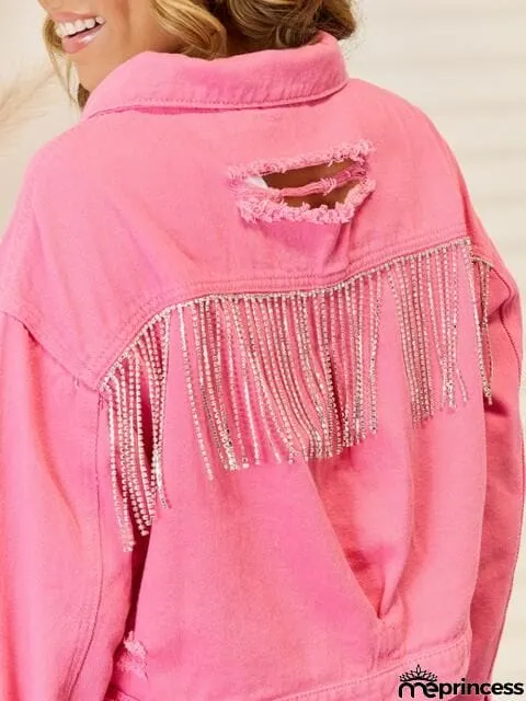 Distressed Fringe Trim Denim Jacket