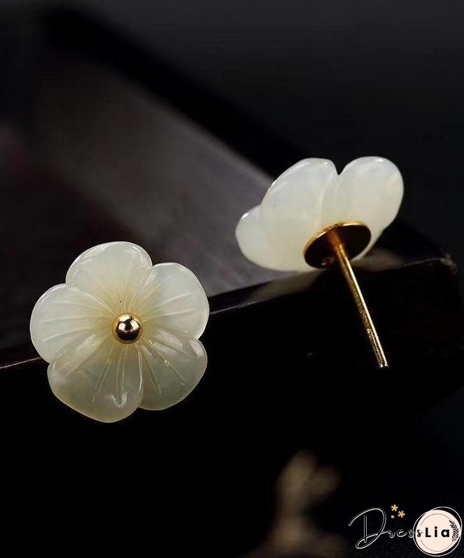 Simple White Sterling Silver Inlaid Jade Floral Stud Earrings