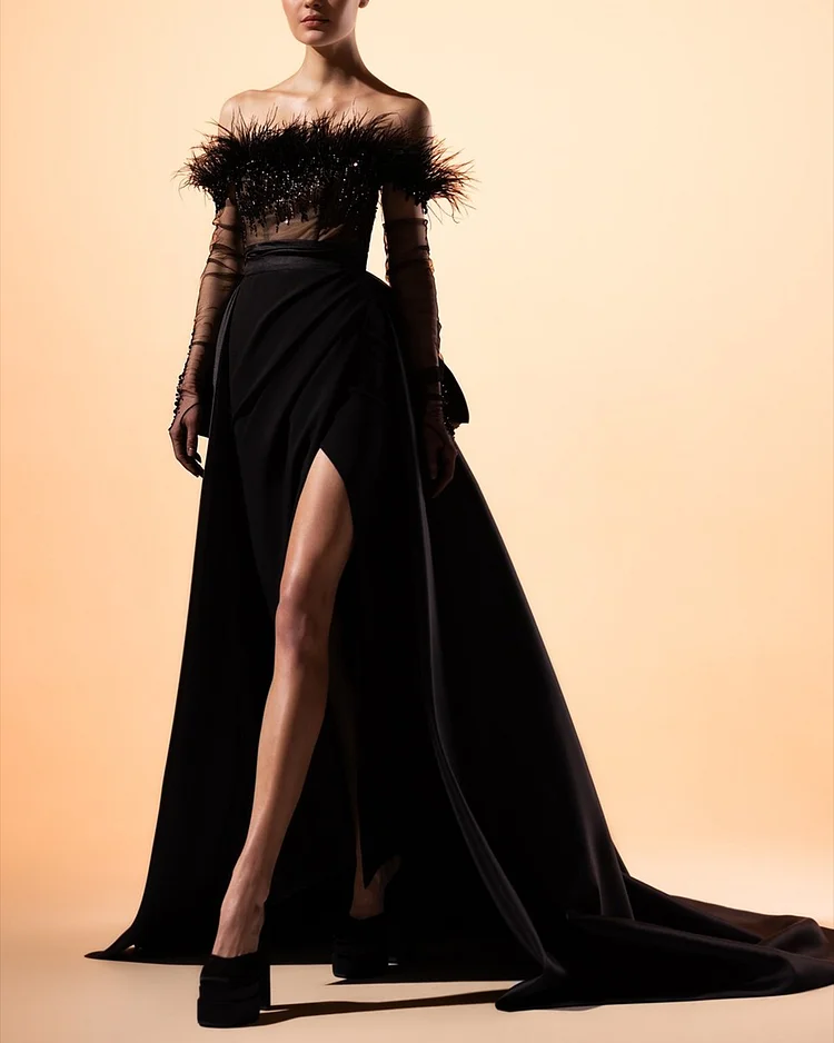 Women's Off-Shoulder Black Slit Feather Dress