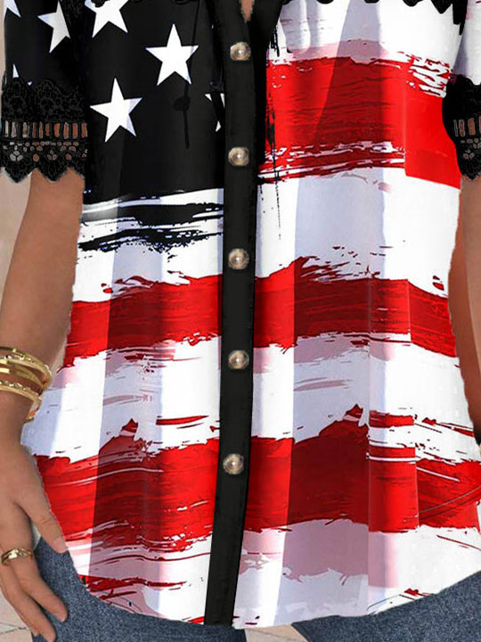 Women Short Sleeve V-neck Striped Star Printed Graphic Lace Hollow Stitching Button Tops