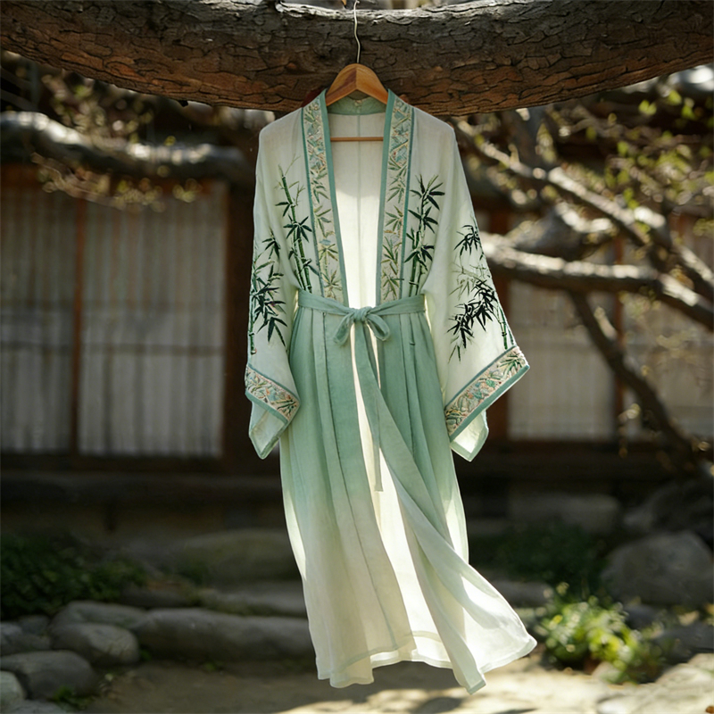 Japanese Bamboo Art Gradient Tied Flowy Linen Long Kimono wearshes