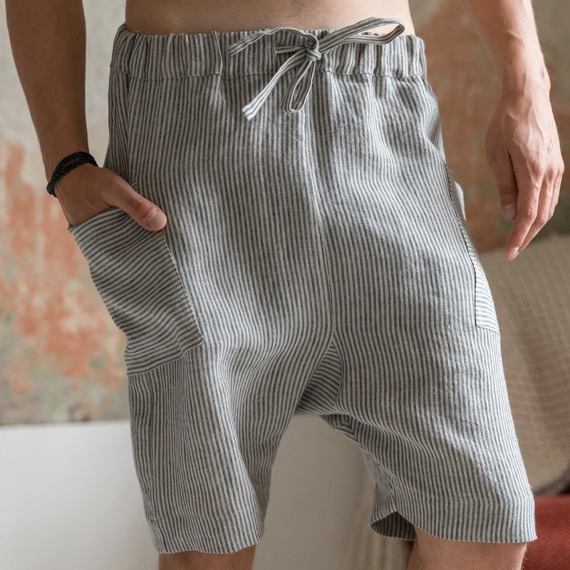 Men's Striped Natural Linen Drawstring Shorts