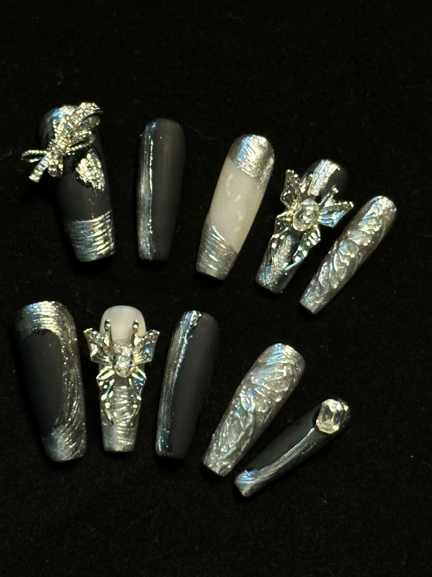 10Pcs Press On Nails Magic Mirror Powder 3D Embossed Color Diamond Handmade Wearing Nail With High Grade Gothic Style Fake Nails