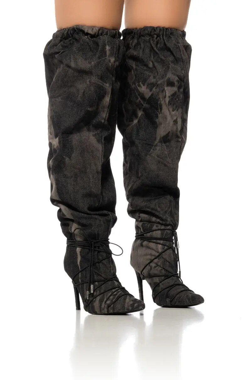 VCSHOES Black Jeans Denim Pointed Toe Knee HIgh Boots Women Rope Stiletto High Heel Long Knight Botas 44
