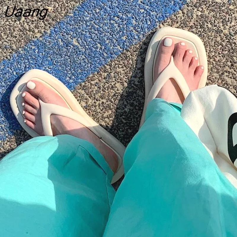 Uaang INS Fashion Summer Shoes For Women Slippers Square Head Platform Flip Flops Solid Color Beach Shoes Clothing For Women