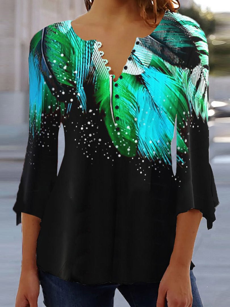 Women 3/4 Sleeve V-neck Floral Printed Tops