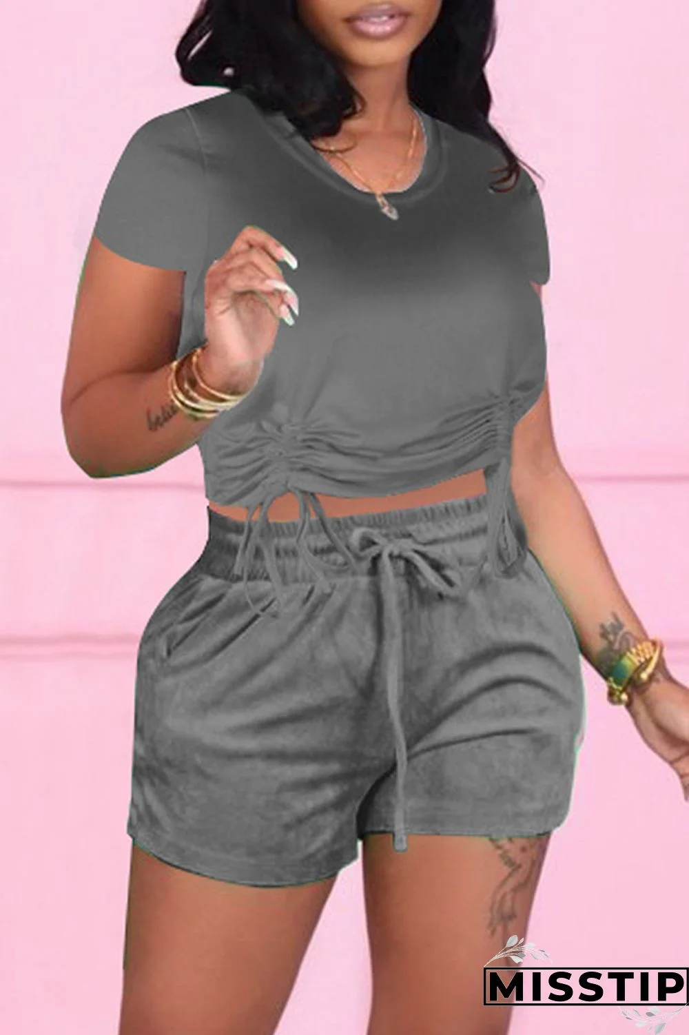 White Fashion Casual Solid Bandage O Neck Short Sleeve Two Pieces