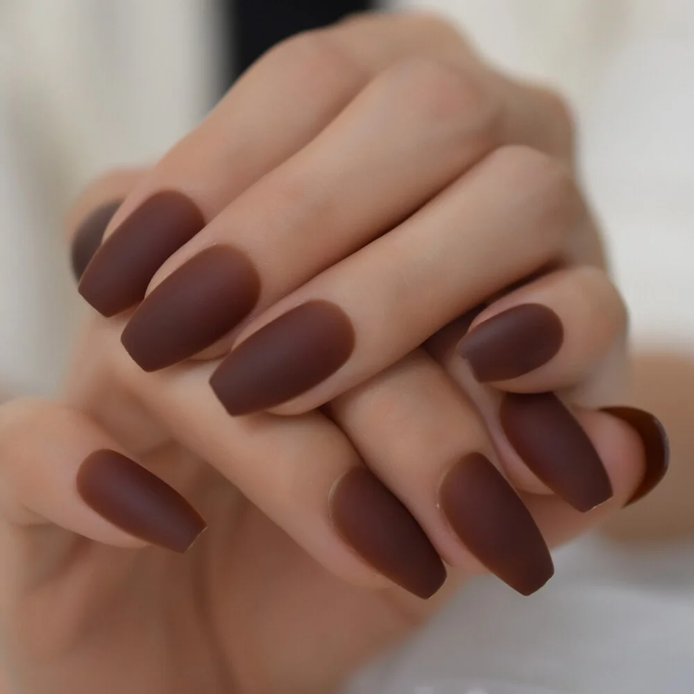 Chocolate Brown Fake Nails Matte Frost Full Nails Long Square Nail Art Decoration Tips with Glue Sticker in 10 sizes-Nail Inspo