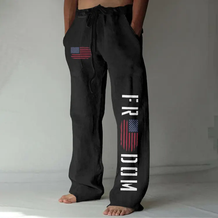 Men's Vintage American Flag Declaration of Independence Print Linen Blend Casual Pants