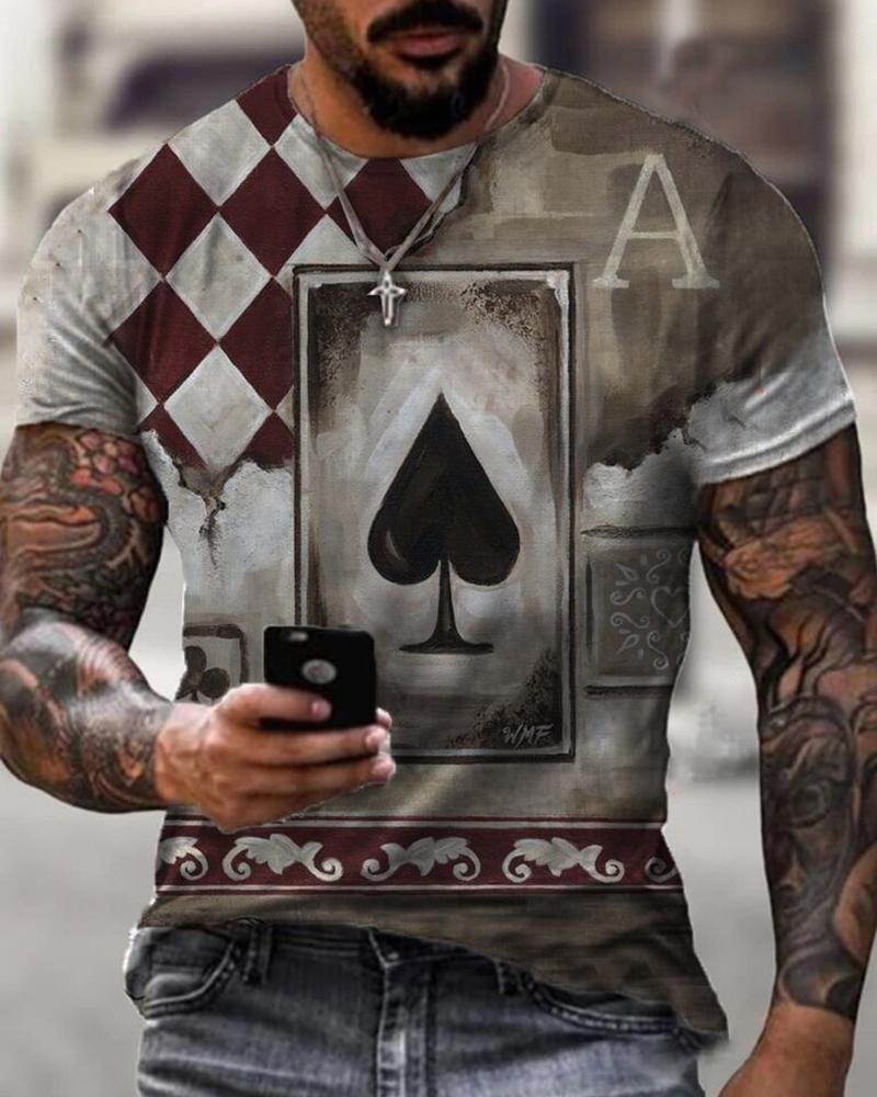 Slim-fit Short-sleeved Graphic Stitching Poker Casual T-shirt