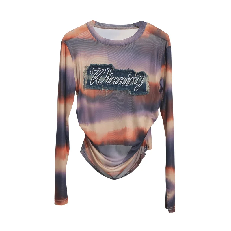 Churchf Real Shooting New Long-Sleeved Mesh Spliced Embroidered Denim Bottom T-Shirt Sun Folding Short Top 2582