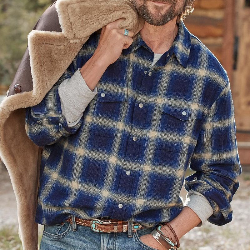 Casual Ombre Plaid Herringbone Flannel Shirt
