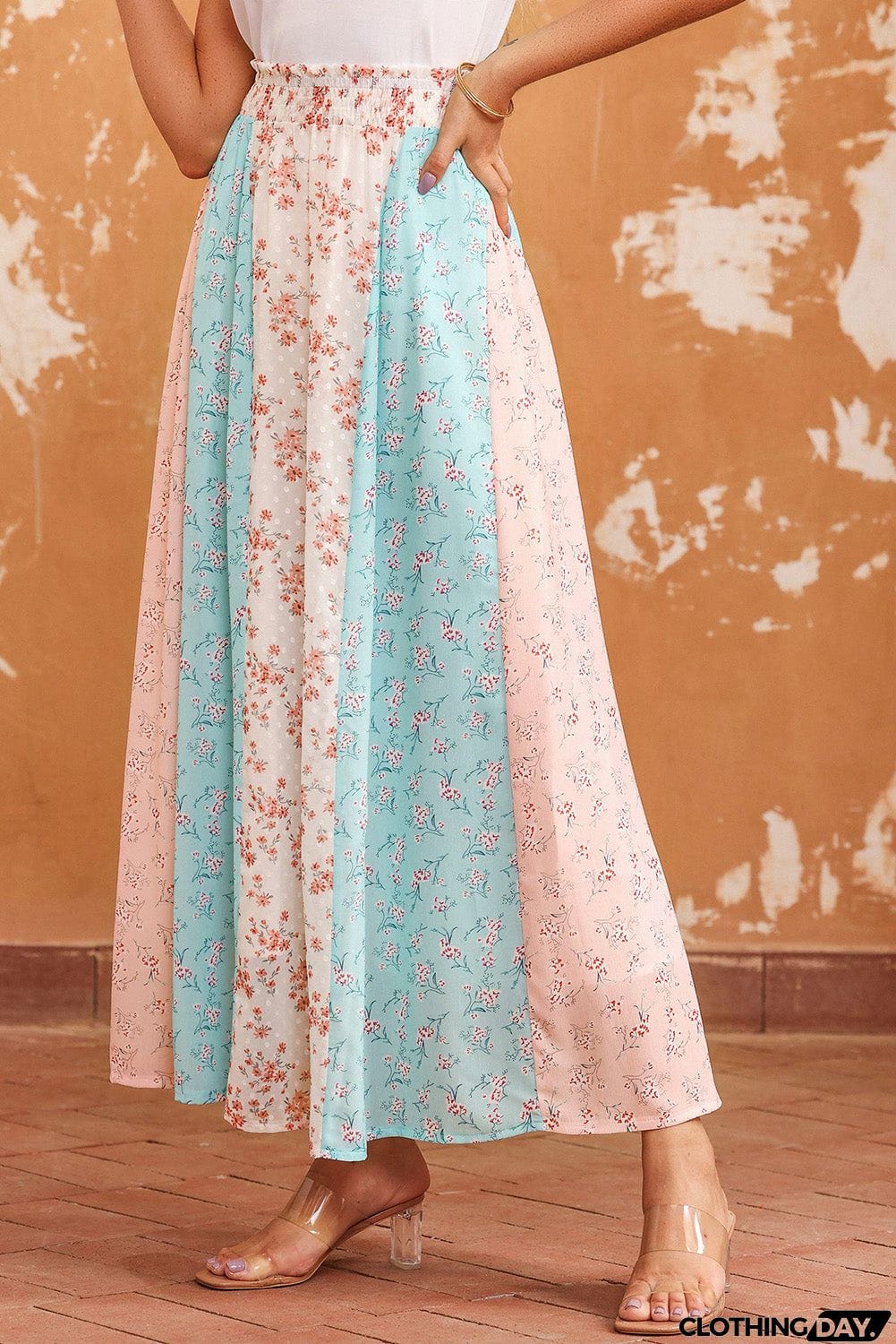 Floral Color Block Smocked Waist Maxi Skirt