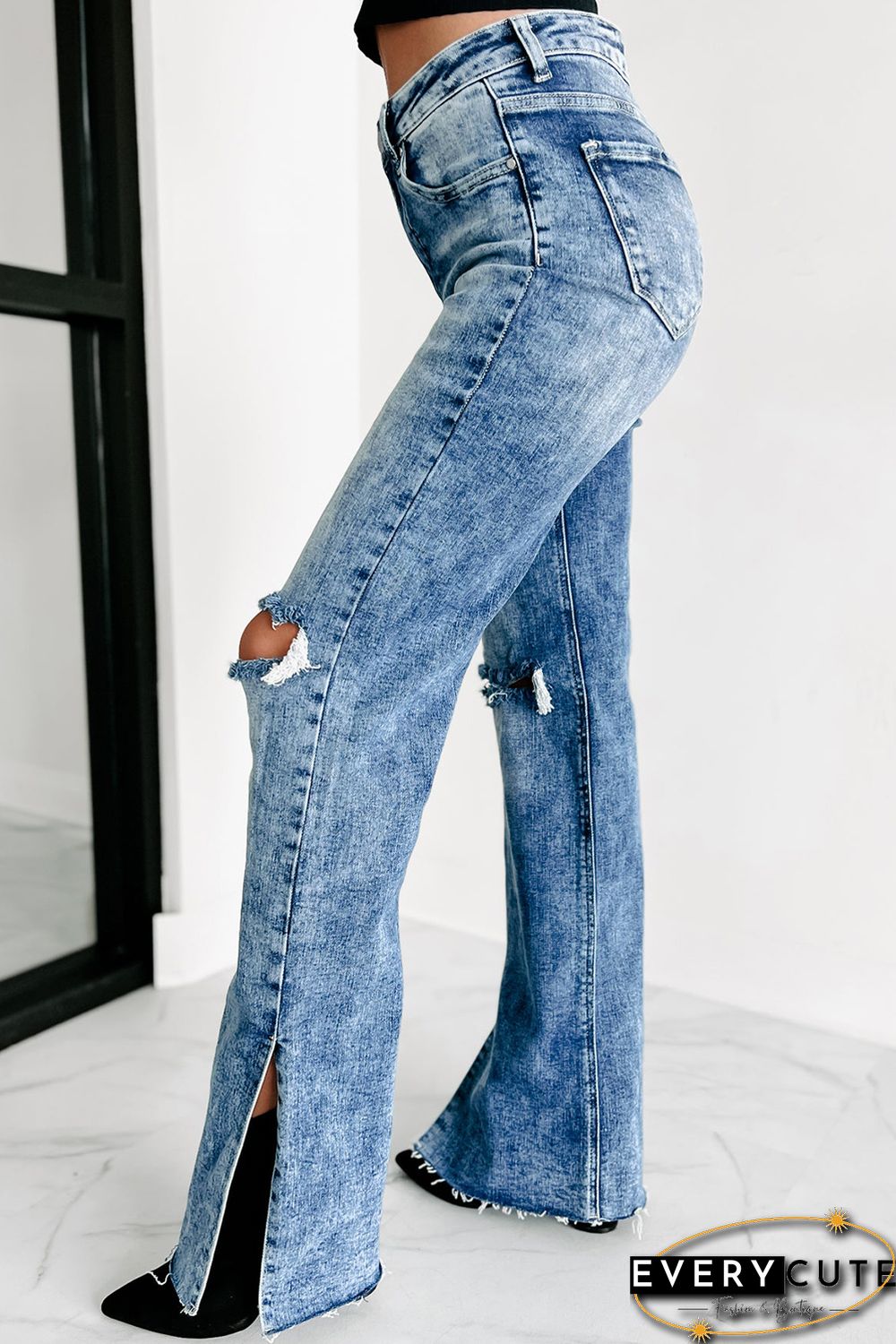 Sky Blue Vintage Distressed Split Hem Straight Leg Jeans