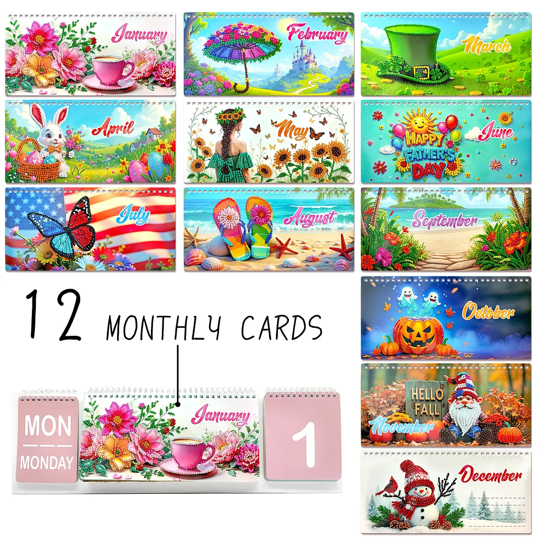 2026 Pink Flower DIY Diamond Art Painting Desk Calendar Special Shaped Drill Monthly Flip Tabletop Calendar Kit for Adults Beginners Gift Home Office Decor