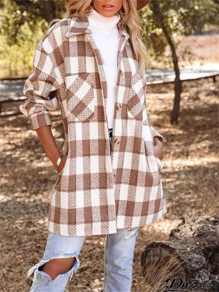 Women's Casual Fashion Lapel Plaid Long Shacket Coats