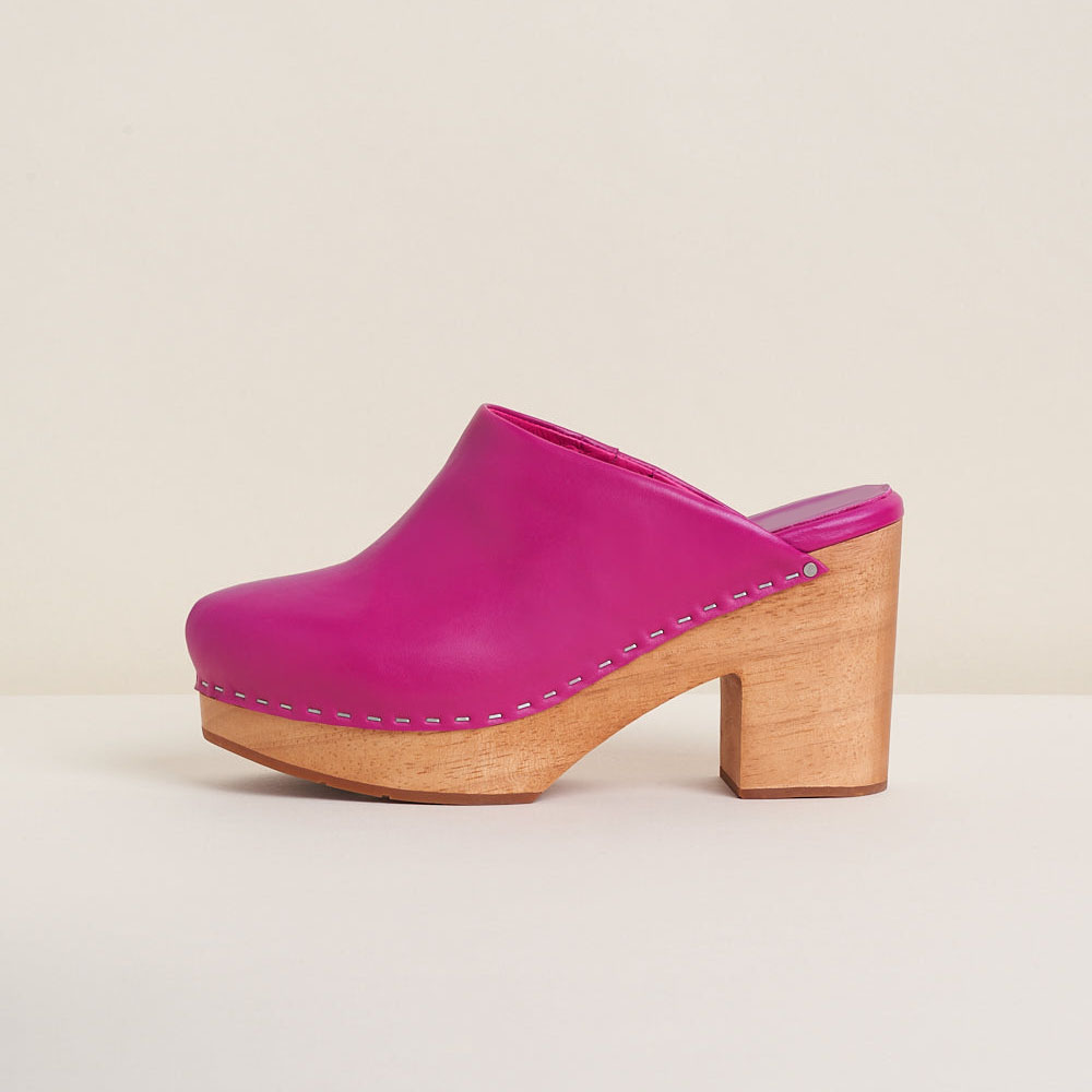 Fuchsia Vegan Leather Round Toe Chunky Heel Clog Platform Mules Nicepairs