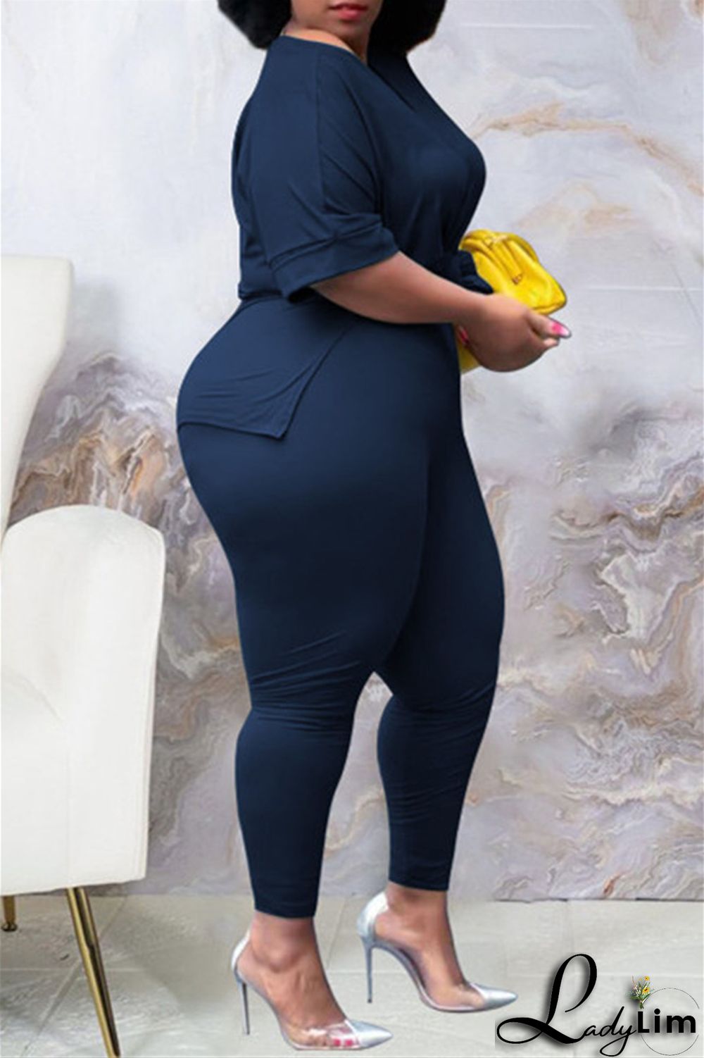 Tibetan Blue Fashion Casual Solid Slit V Neck Plus Size Two Pieces