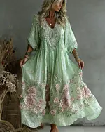 Women's Retro Floral Art Flowy Linen Blend Casual Long Sleeve Maxi Dress - Image 6