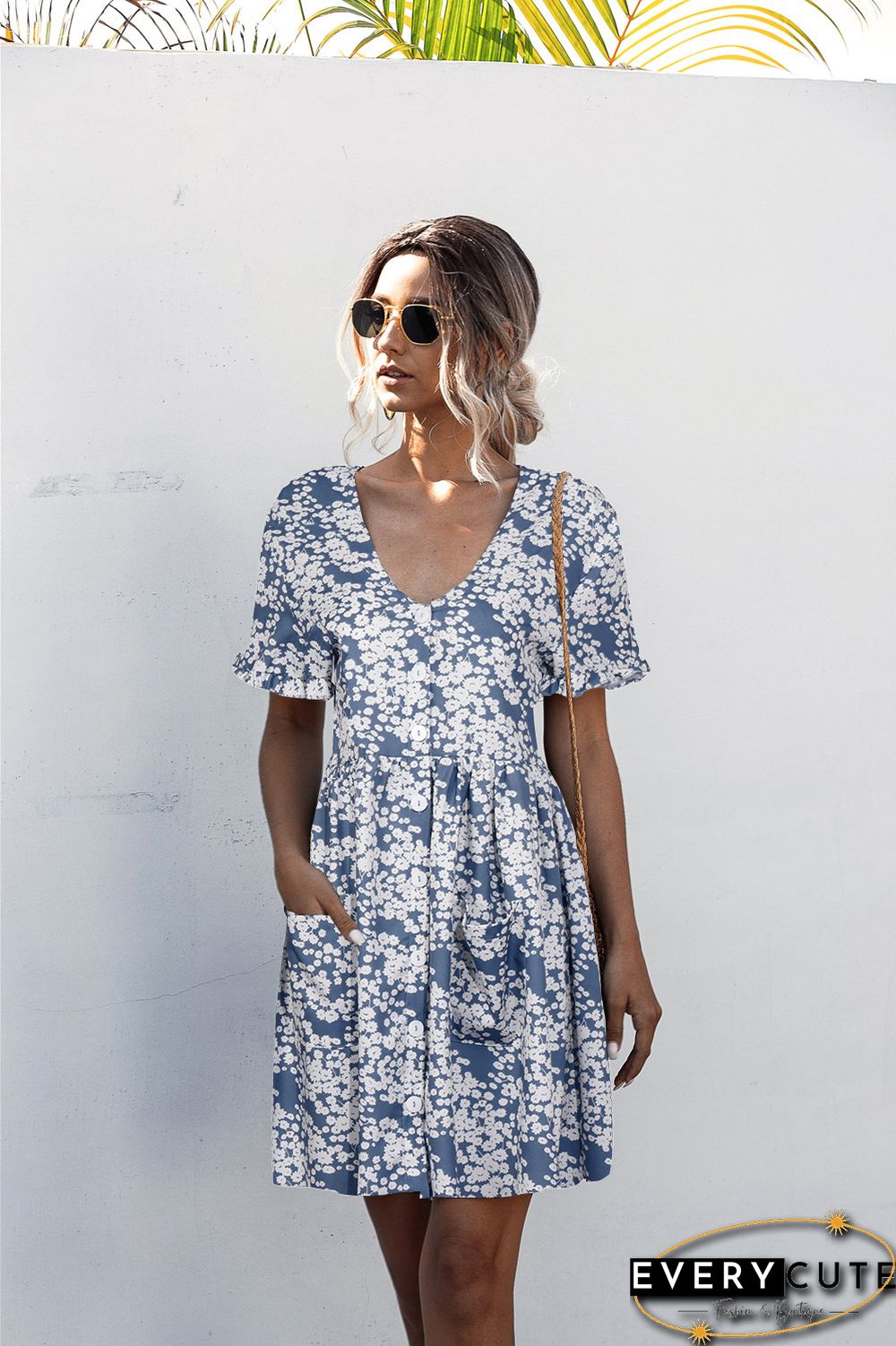 Short Sleeve Polka Dot Printed Buttoned Pocket Dress