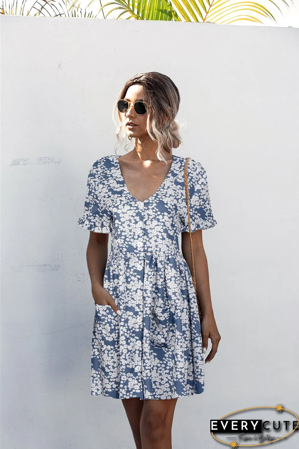 Short Sleeve Polka Dot Printed Buttoned Pocket Dress