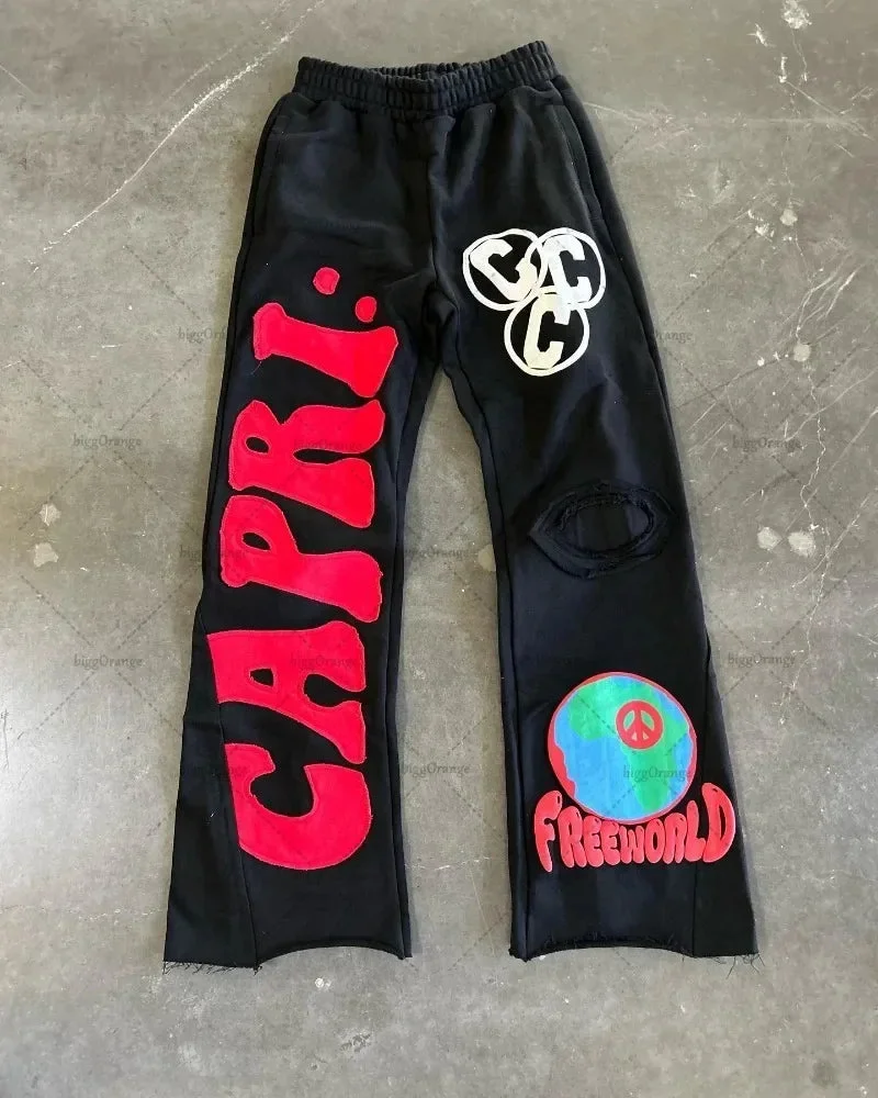 Aonga 90s Streetwear Y2k American Colorful Fashionable Wide-leg Pants Letter Embroidered Knitted Pants Men Retro Casual Oversized Trousers Women aonga