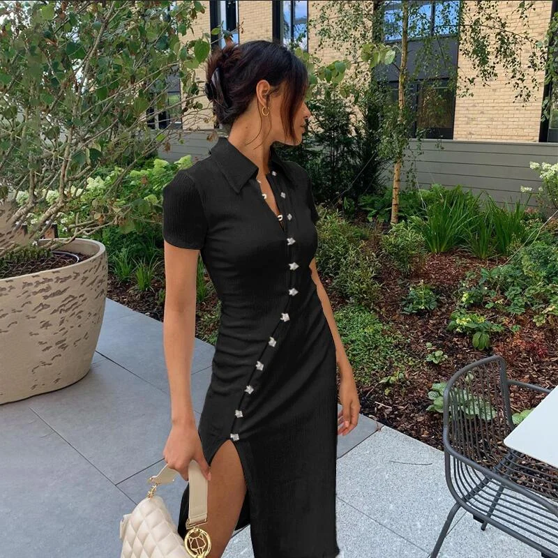 Dulzura ribbed button women midi dress side slit turndown collar short sleeve bodycon sexy elegant streetwear autumn winter club