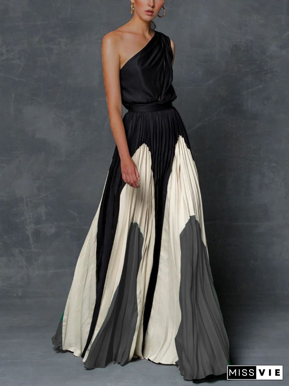 Elegant One Shoulder Colorblock A Line Prom Dress