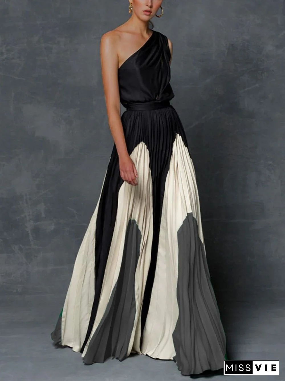 Elegant One Shoulder Colorblock A Line Prom Dress