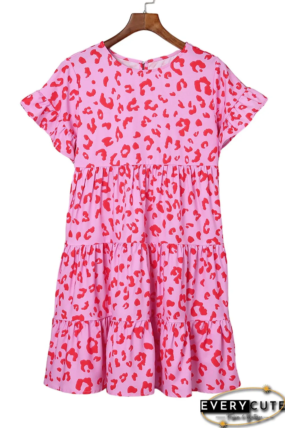 Pink Leopard Print Ruffle Short Sleeve Tiered Dress