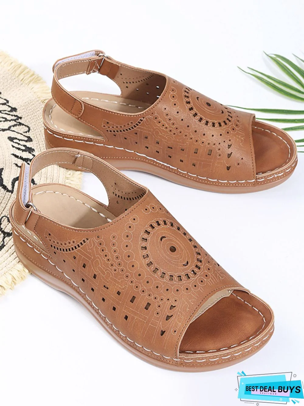 Ethnic Pattern Punched Hollow Velcro Vintage Sandals