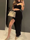 Threaded One-Shoulder Top Empire Split-Side Skirt Two-Piece Suit