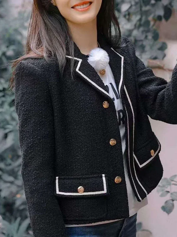 Long Sleeves Loose Buttoned Pockets Notched Collar Outerwear Woolen Coat