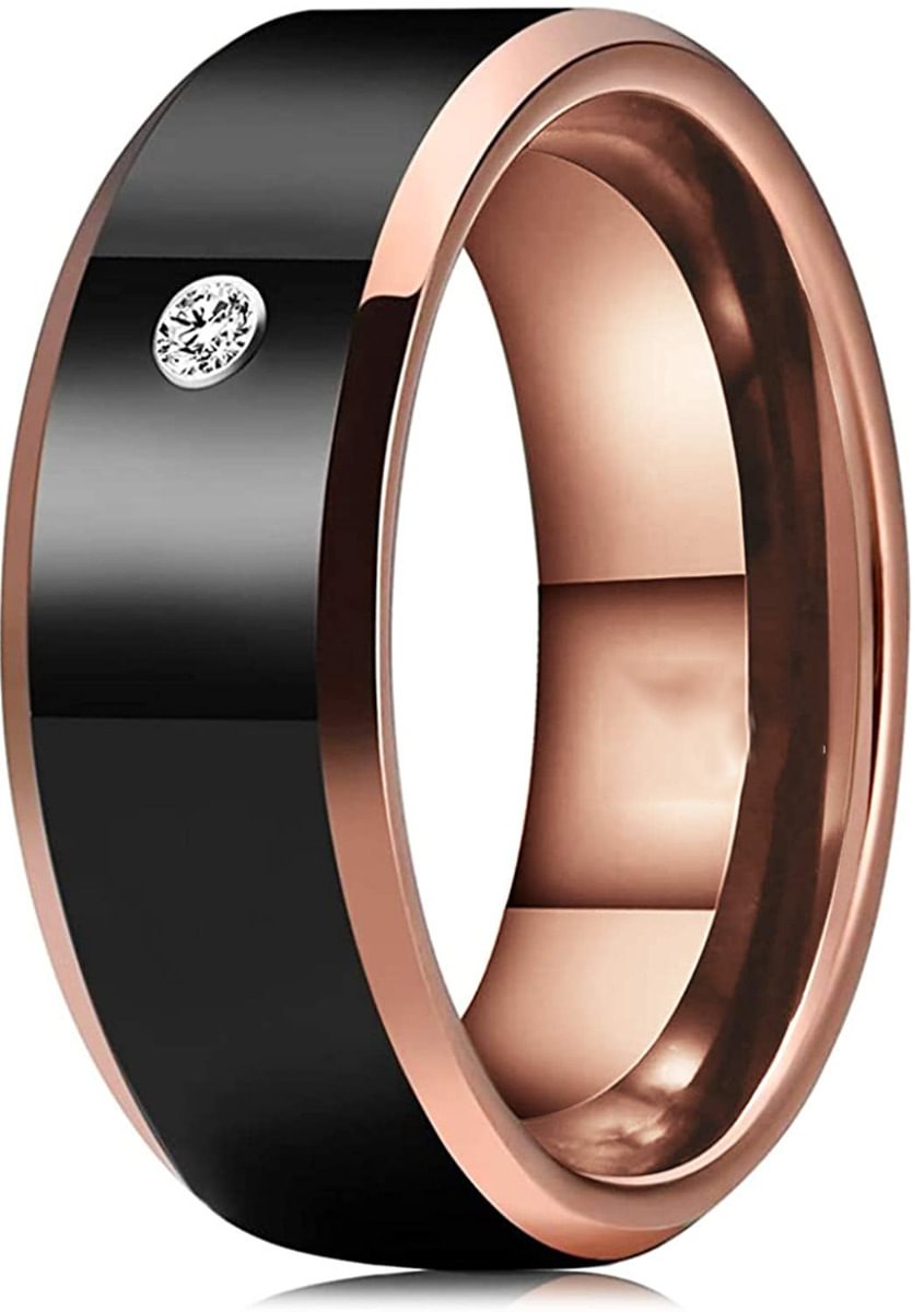 8MM Women's Or Men's Rose Gold Tungsten Carbide Rings Black Polished Beveled Edge Zircon Inlay Wedding Bands Ring Custom