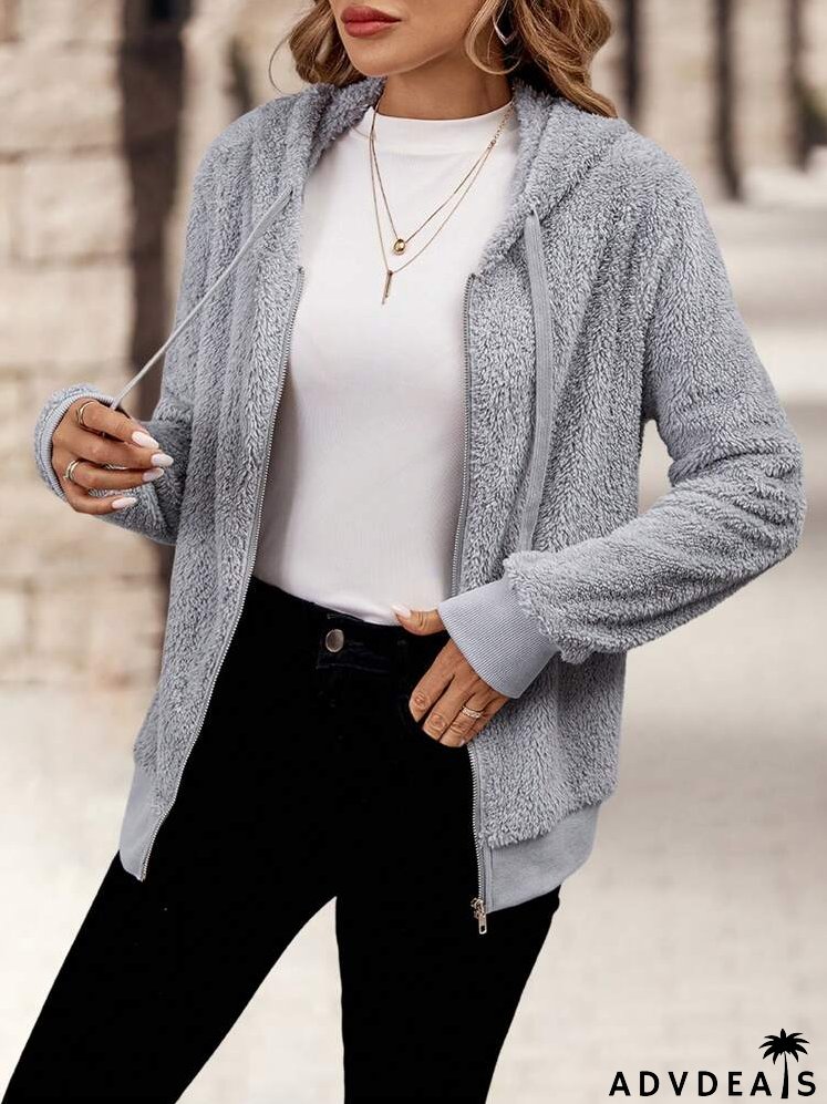Casual Solid Color Fuzzy Drawstring Hoodie, Autumn & Winter
