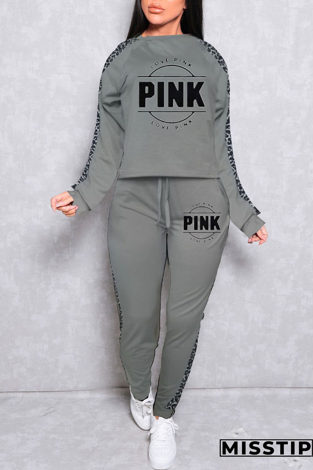 Grey Casual Print Patchwork O Neck Long Sleeve Two Pieces