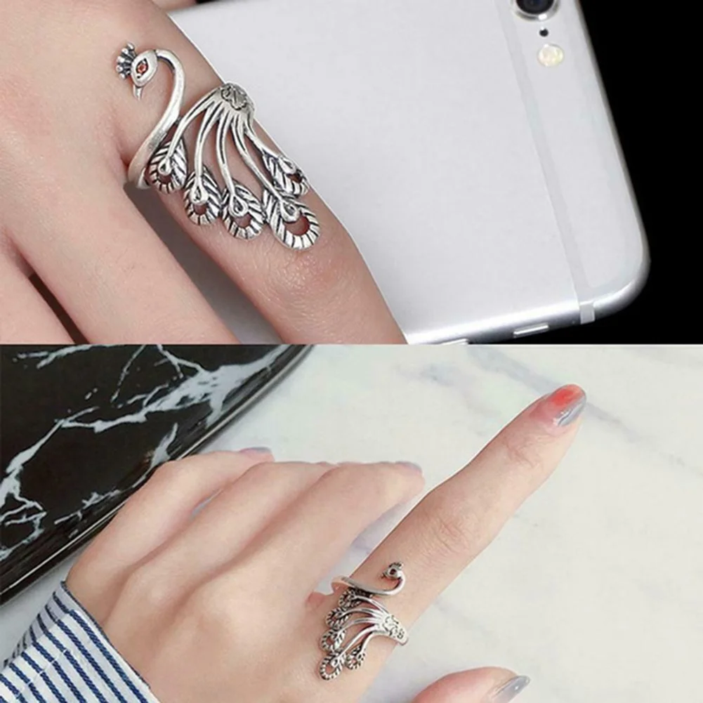 Women Vintage Alloy Ring Adjustable Thimble Crochet Loop (Silver Peafowl)