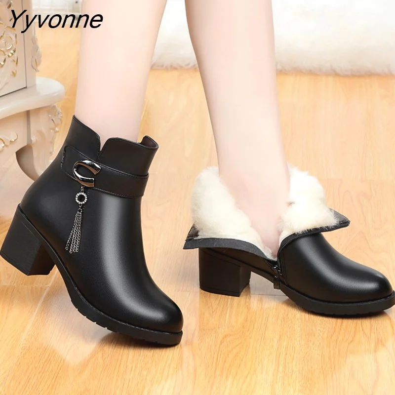 Yyvonne 2023 NEW Fashion Soft Leather Women Ankle Boots High Heels Zipper Shoes Warm Wool Winter Boots for Women Plus Size 35-43