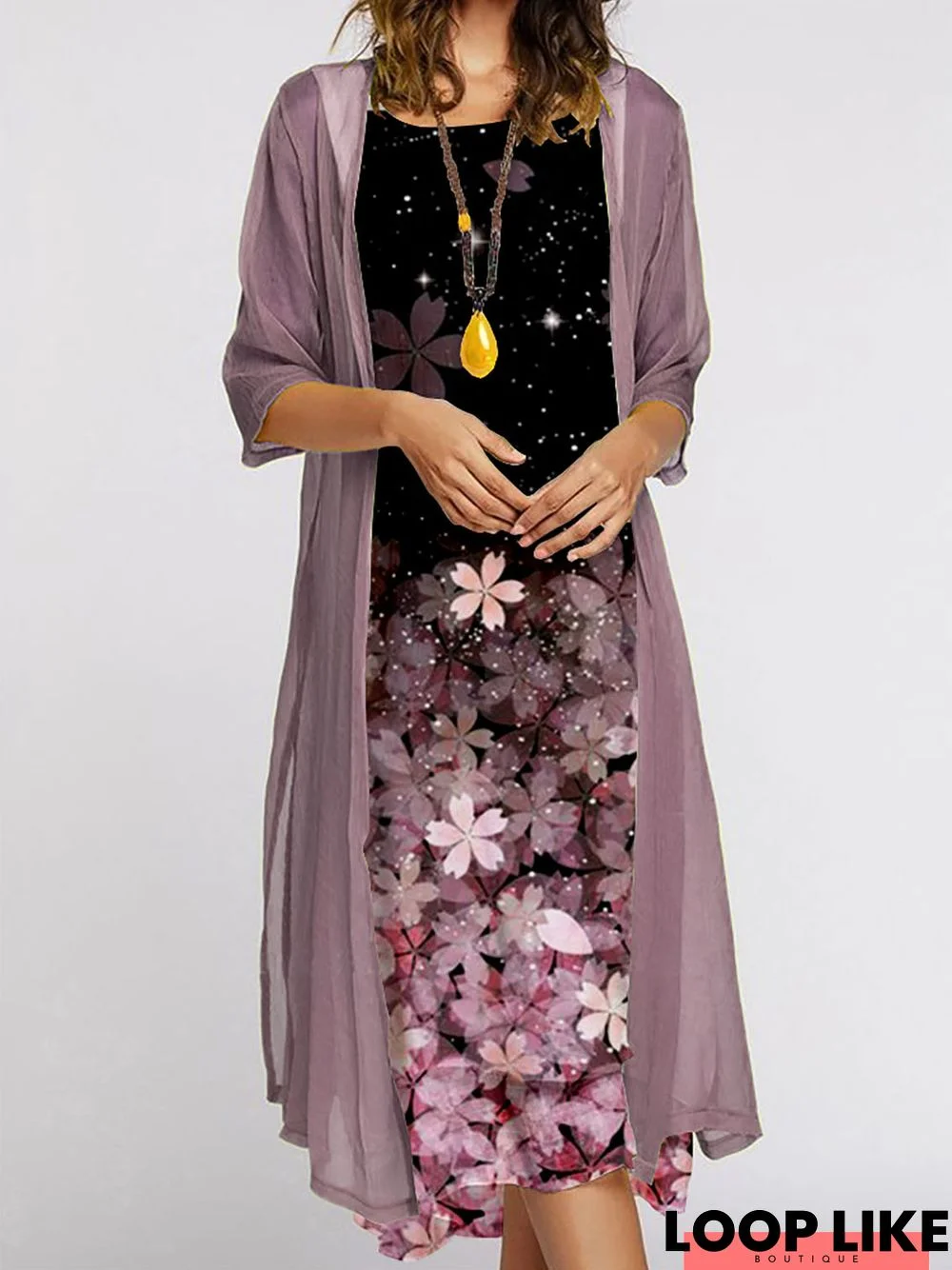 Women's Long Skirt Two-Piece Flower Print Crew Neck Dress Coat Female