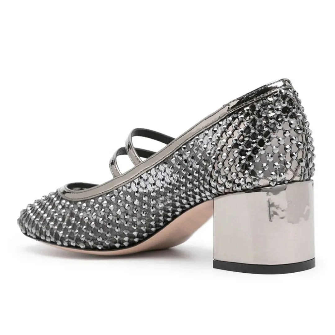 Silver Mesh Buckle Strap Sparkly Rhinestone Mary Jane Pumps