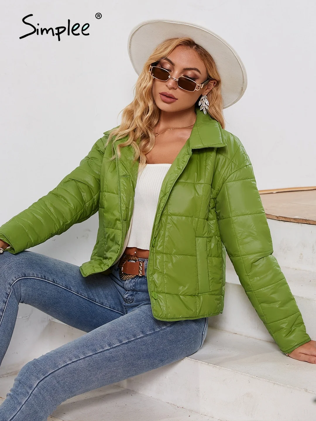 Simplee Green pocket lapel women short winter parkas Casual idyllic style warm quilted coat 2021  Office fashion puffer jackets