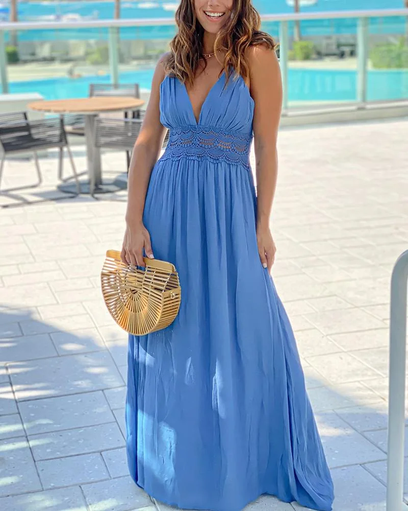 Vacation V Neck Lace Slit Maxi Dress