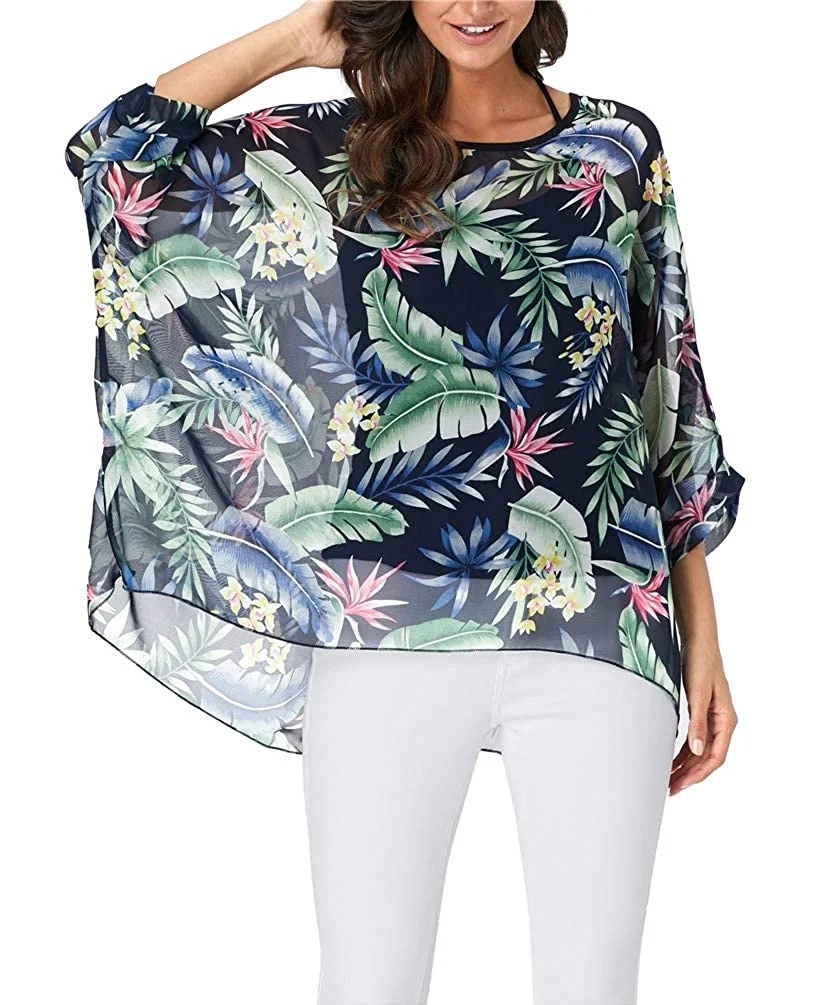 Beach Tunic Tops Batwing Tops for Women Summer Bohemian Chiffon Blouse Floral Loose Shirt