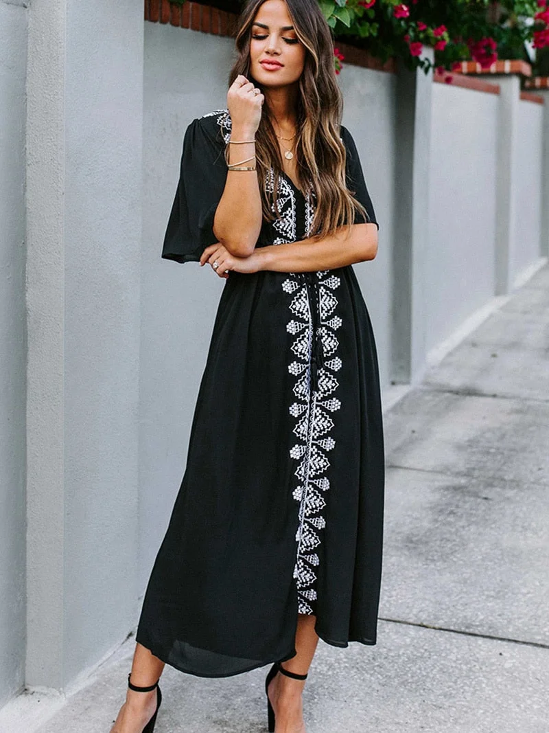 Fitshinling Holiday 2020 Embroidery Long Dress Beach Wear Bohemian Flare Sleeve A Line Pareos Robe Black Sexy Maxi Dresses Women