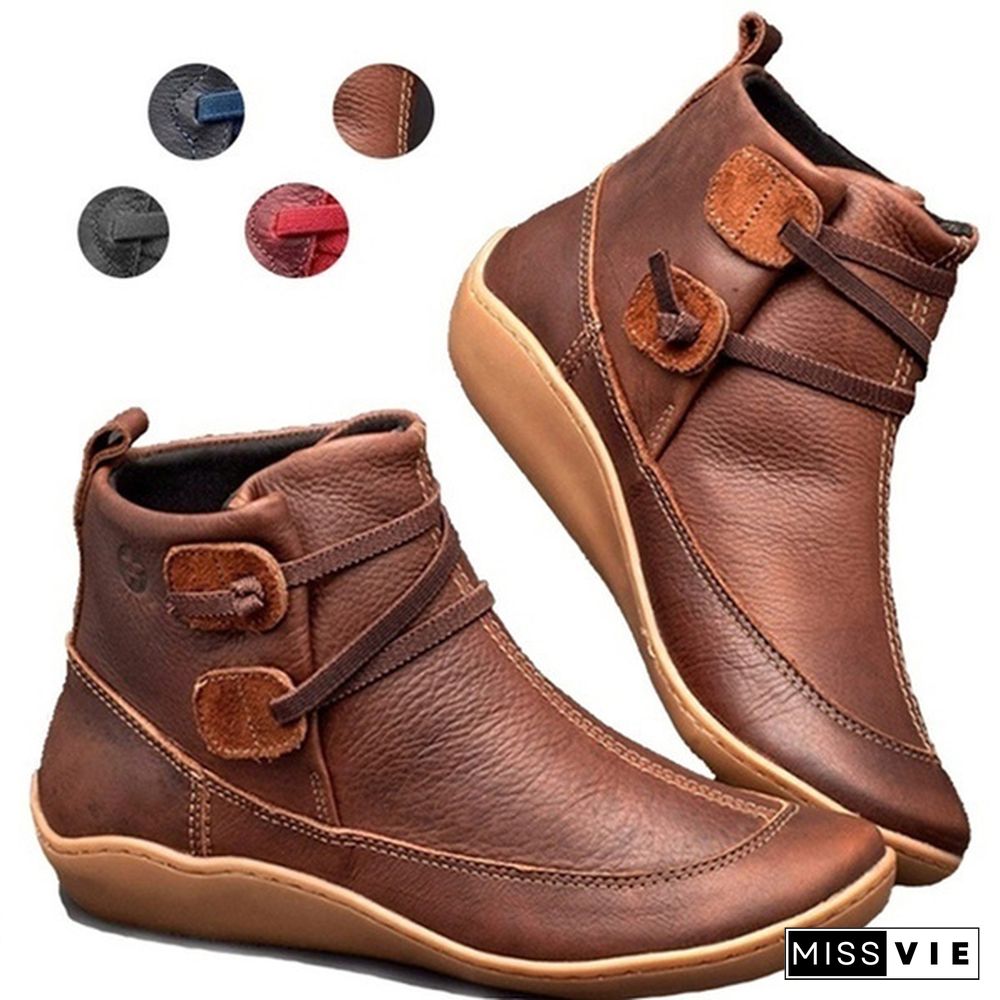 Women's Braided Strap Flat Heel All Season Boots Waterproof Leather Comfortable Flat Heel Boots Round Toe Ankle Boots